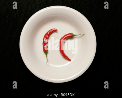Two red hot chili peppers on a white plate Stock Photo