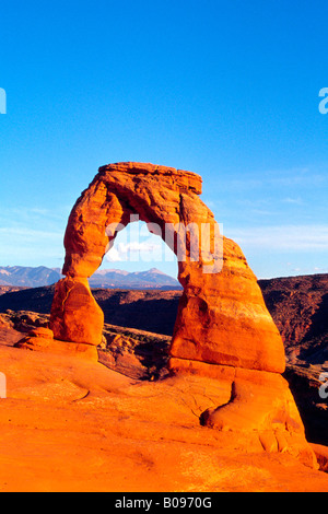 Delicate Arch and the La Sal Range, Arches National Park, Utah, USA Stock Photo