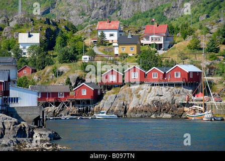 Red wooden 'rorbu' houses on a rocky shore, Lofoten Archipelago, Norway, Scandinavia Stock Photo