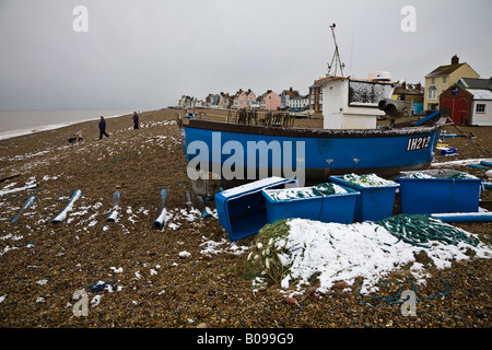 Fishing boat on the beach at Aldeburgh in winter, Suffolk, England Stock Photo