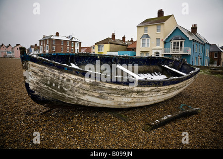 Beached fishing boat in winter, Aldeburgh, Suffolk, England, UK Stock Photo