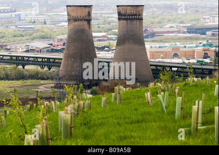 Tinsley cooling towers the m1 motorway and Meadowhall shopping center  in Sheffield 'Great Britain' Stock Photo