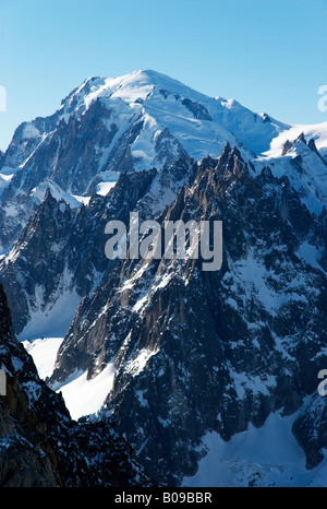The Mont Blanc (4808m) and Chamonix aiguilles as seen from Grands Montets top, Argentiere, Haute-Savoie, France Stock Photo