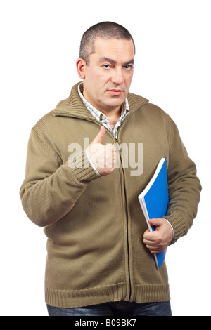 Serious casual man holding a notebook over white background Stock Photo