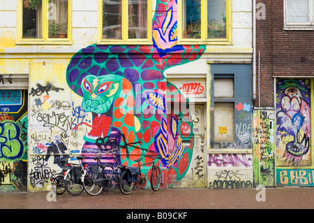 Amsterdam, Painted dragon wall murals on a squat bar called The Vrankrijk in Spui straat street, parked bicycles Stock Photo