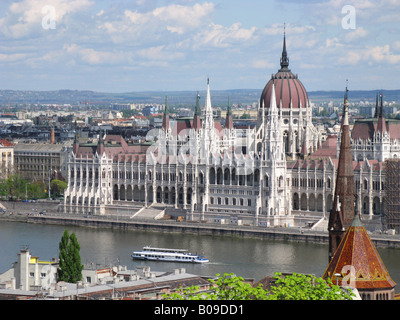 BUDAPEST, HUNGARY. The River Danube & Hungarian Parliament as seen from Fishermen's Bastion in Varhegy. 2008. Stock Photo