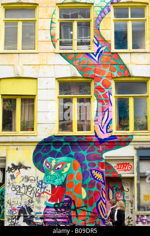 Amsterdam, Painted dragon wall murals on a squat bar called The Vrankrijk in Spui straat street, windows Stock Photo