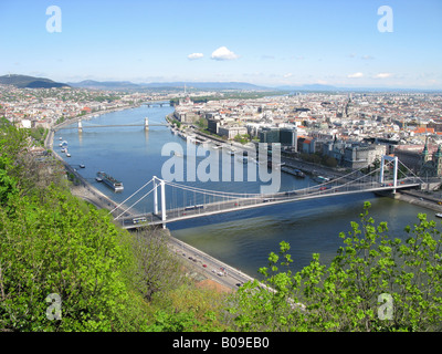 BUDAPEST, HUNGARY. View of the Danube and Pest from the woods around Citadella in the Gellert Hegy district of Buda. Stock Photo