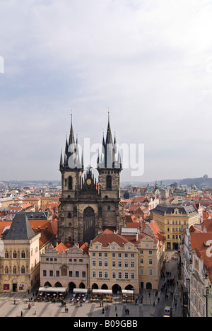 Vertical aerial wide angle of the Church of Our Lady before Tyn 'Kostel Panny Marie Pred Tynem' in the Old Town Square. Stock Photo