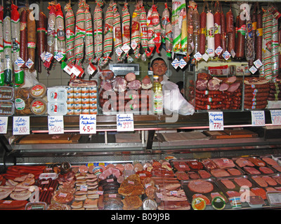 BUDAPEST, HUNGARY. Pork and sausage shop in the Nagycsarnok (Great Market Hall) at the end of Vaci Utca. Stock Photo