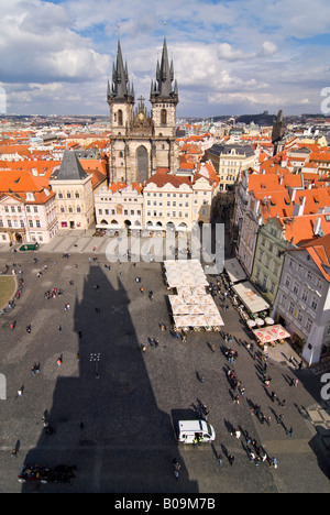 Vertical aerial wide angle of the Church of Our Lady before Tyn 'Kostel Panny Marie Pred Tynem' in the Old Town Square. Stock Photo