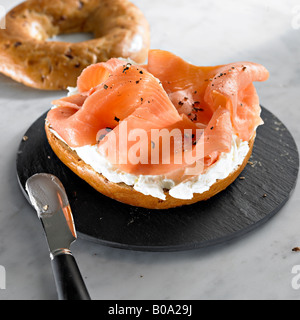 smoked salmon cream cheese on bagel Stock Photo