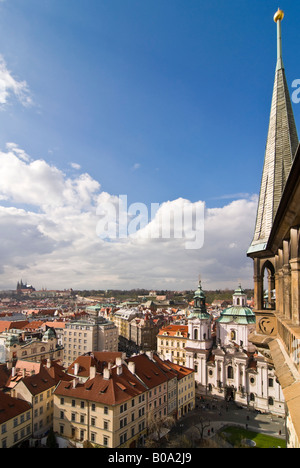 Vertical aerial wide angle over Prague towards Hradcany and the prominent spires of St Vitus's Cathedral within Prague Castle. Stock Photo