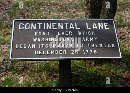 Sign for Continental Lane - Road over which Washington's Army began its march to Trenton December 26, 1776 Stock Photo