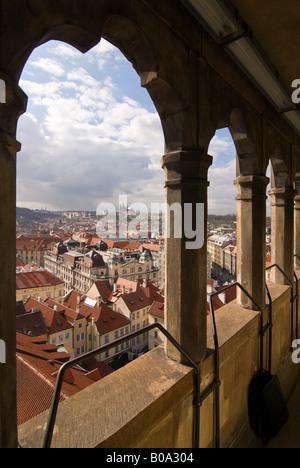 Vertical aerial wide angle over Prague towards Hradcany and the prominent spires of St Vitus's Cathedral within Prague Castle. Stock Photo