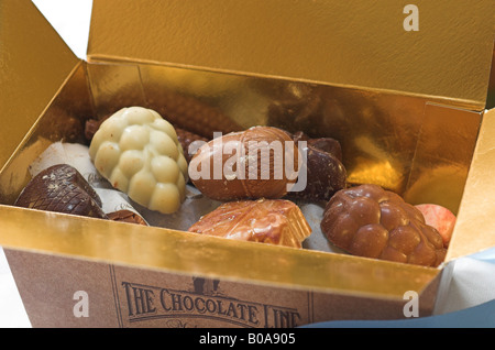 An open box of assorted handmade Belgian chocolates Stock Photo