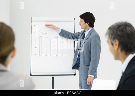 Businessman giving presentation to colleagues, pointing at graph, side view Stock Photo