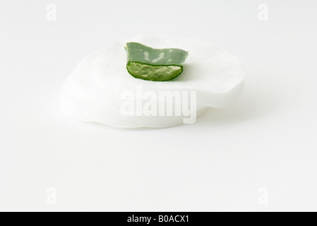 Slice of aloe vera leaf on cotton cosmetic pad Stock Photo