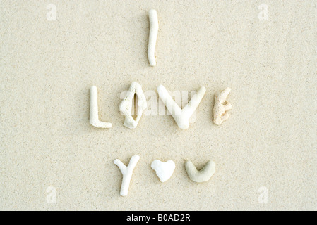 Coral pieces and seashell spelling the words 'I LOVE YOU' on the beach, close-up Stock Photo