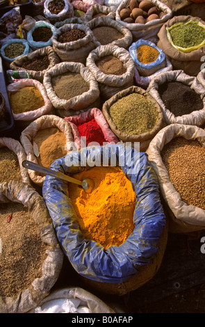 India West Bengal Madarihat weekend market sacks of spice Stock Photo