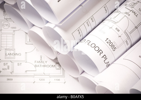 floor plan drawings with rolled architectural blueprints on wooden ...