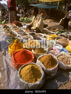 India West Bengal Madarihat weekend market spice stall Stock Photo