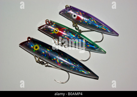 Large Tomic Plaid Series trolling plug fishing lure will attract salmon and bottom fish. Stock Photo