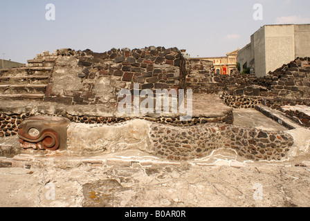 Writhing serpent sculpture with Aztec ruins of the Templo Mayor or Great Temple of Tenochtitlan, Mexico City Stock Photo