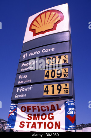 Shell gas station sign showing gasoline prices per gallon California Stock Photo