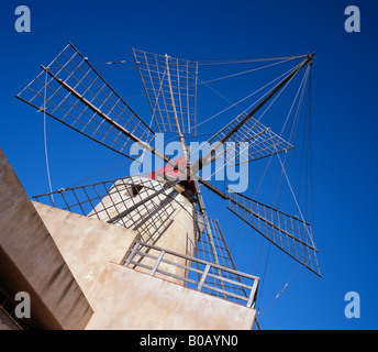 Windmill at Salina Ettore e Infersa salt pans near Trapani or Marsala Sicily Italy EU Stock Photo