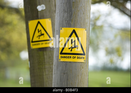 'Danger of death' signs on two adjacent electricity poles in rural Sussex. Picture by Jim Holden. Stock Photo