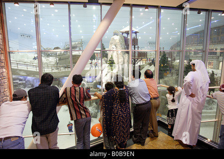 A group of people watching the indoor ski centre Ski Dubai in the Mall of the Emirates, United Arab Emirates Stock Photo