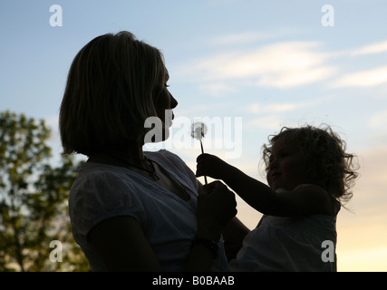 silhouette of young mother holding daughter and blowing a dandelion Stock Photo