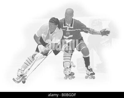 Illustration of two roller hockey players fighting for the ball. Stock Photo