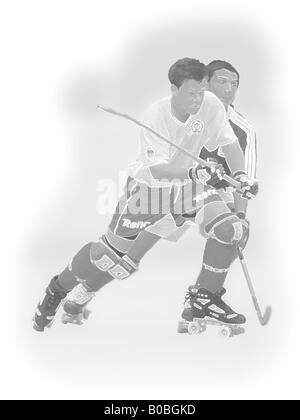 Illustration of two roller hockey players fighting for the ball. Stock Photo