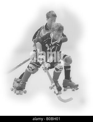 Illustration of two roller hockey players fighting for the ball. Stock Photo