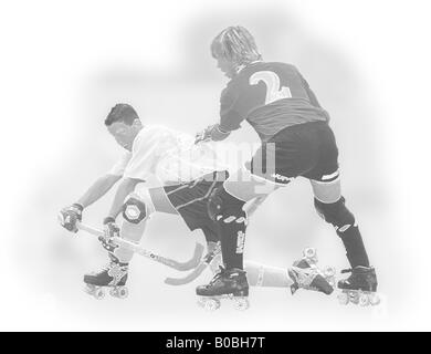 Illustration of two roller hockey players fighting for the ball. Stock Photo