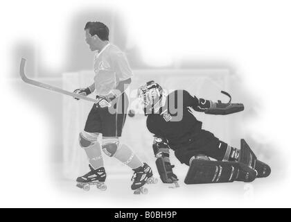 Illustration of two roller hockey players fighting for the ball. Stock Photo