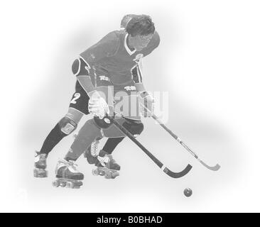 Illustration of two roller hockey players fighting for the ball. Stock Photo