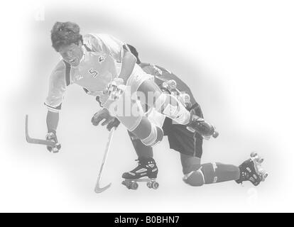 Illustration of two roller hockey players fighting for the ball. Stock Photo