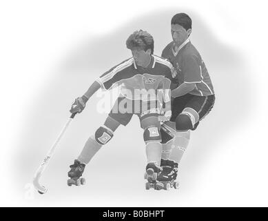 Illustration of two roller hockey players fighting for the ball. Stock Photo