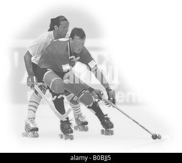 Illustration of two roller hockey players fighting for the ball. Stock Photo