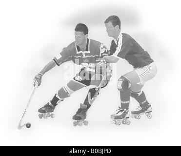 Illustration of two roller hockey players fighting for the ball. Stock Photo