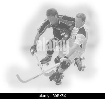 Illustration of two roller hockey players fighting for the ball. Stock Photo