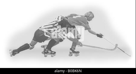 Illustration of two roller hockey players fighting for the ball. Stock Photo