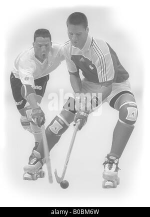 Illustration of two roller hockey players fighting for the ball. Stock Photo