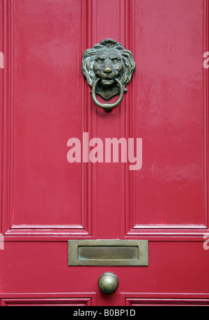 Close up of pink red wooden front door with traditional brass fittings London England UK Stock Photo