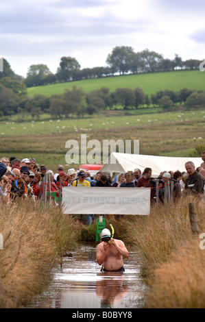 A COMPETITOR COMES UP FOR AIR AT THE INTERNATIONAL BOG SNORKELLING CHAMPIONSHIPS AT LLANWRTYD WELLS POWYS WALES UK Stock Photo