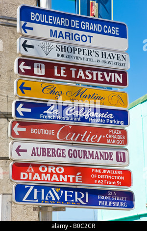 West Indies, Caribbean, French West Indies, Netherlands Antilles, St Martin, street sign in Grand Case on the French side Stock Photo