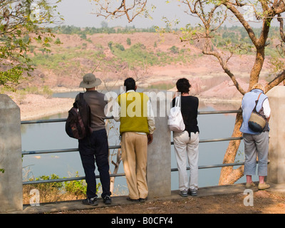 Khajuraho Madhya Pradesh India Asia Tourists at viewpoint overlooking Ken River in Ken Gharial sanctuary nature reserve Stock Photo